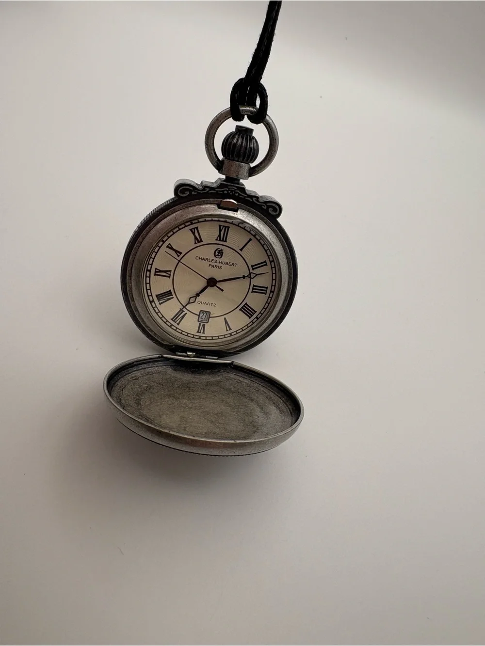 New in Box Charles-Hubert Paris Antiqued Chrome Finish Steam Engine Pocket Watch